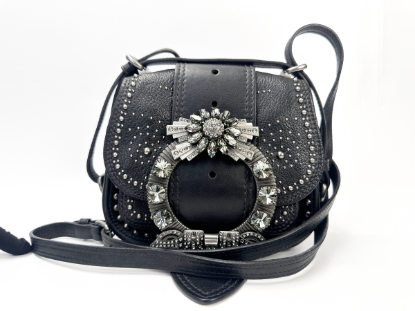 Miu Miu Miu Miu Black Leather Crystal-Embellished Shoulder Bag