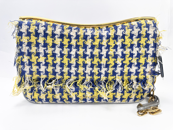 Miu Miu Miu Miu Blue and Yellow Houndstooth Tweed Fringe Shoulder Bag