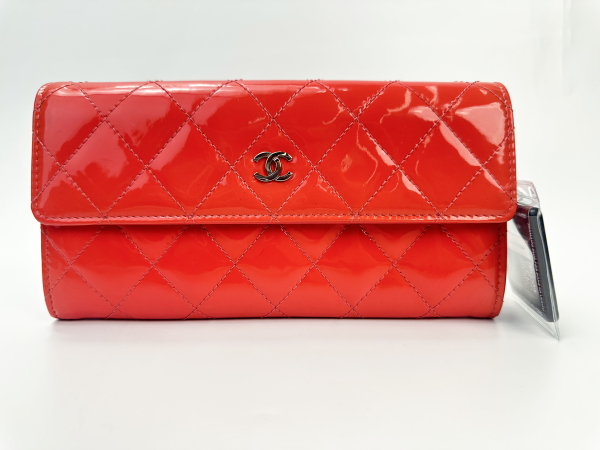 Chanel Chanel Red Quilted Patent Leather CC Long Wallet