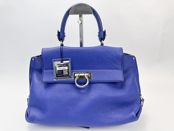 Ferragamo Salvatore Ferragamo Blue Gancini Pebbled Leather Handbag