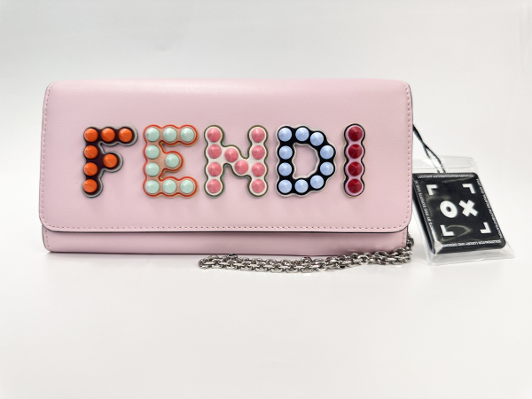 Fendi Fendi Pink Leather Studded Fendi Logo Wallet on Chain