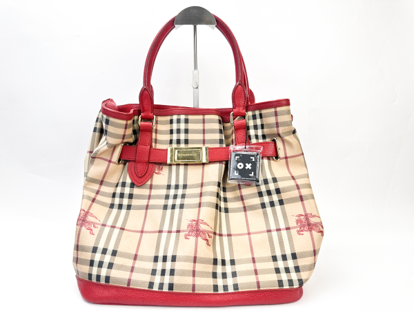 Burberry Burberry Haymarket Check Equestrian Knight Tote Red Leather